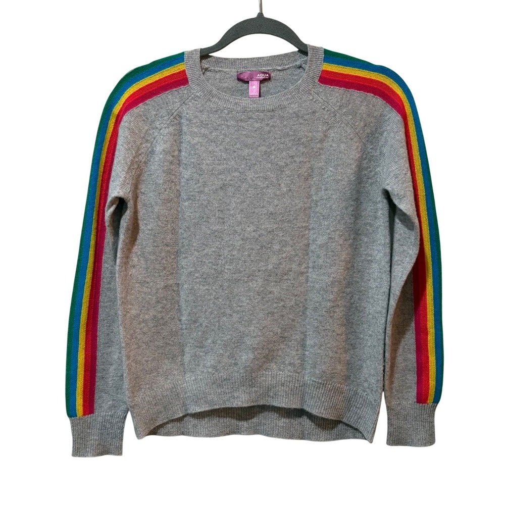 AQUA Cashmere Sweater Kids Large Gray Rainbow Stripe Raglan Soft Cozy Colorful